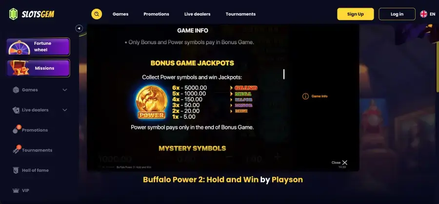 Buffalo Power 2 Hold and Win jackpot information